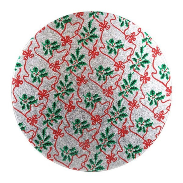 10" Round Silver Christmas Cake Board -Green Holly & Red Berries, 3mm (Double Thick)