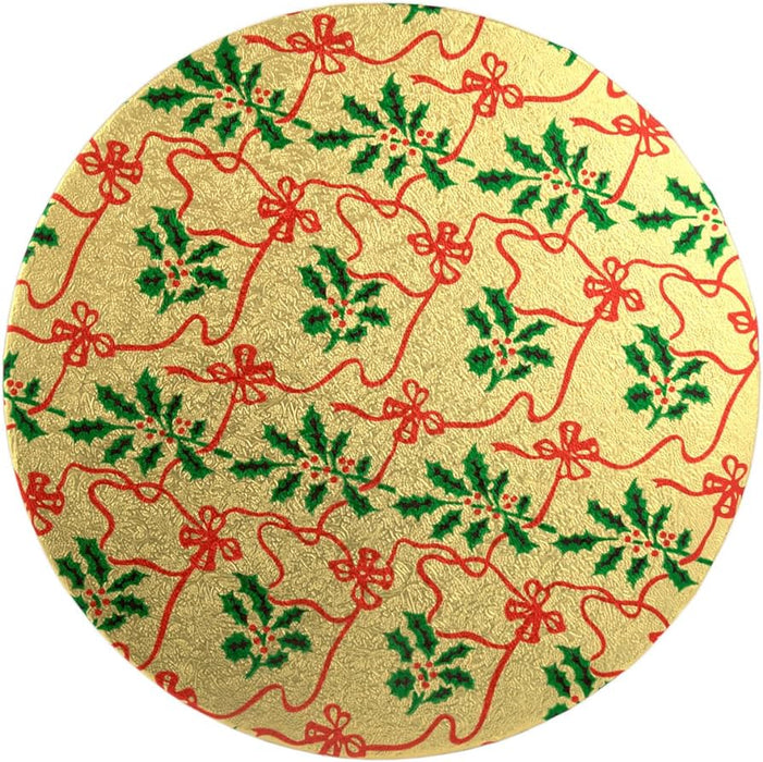 10" Round Gold Christmas Cake Board -Green Holly & Red Berries, 3mm (Double Thick)