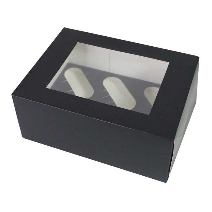 Black Luxury 6 Cupcake Box With Window - 4" Deep
