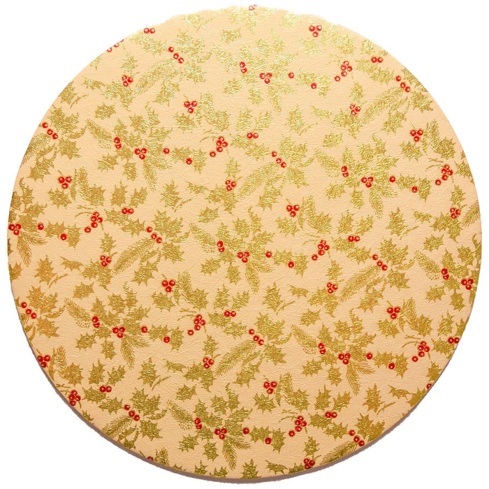 Christmas Cake Board, Gold Holly & Red Berries, 3mm (Double Thick)