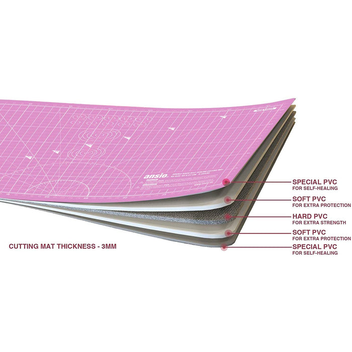 Ansio - Heavy Duty Multi Layer Self Healing A3 Cutting Mat - Super Pink/Lavender Purple
